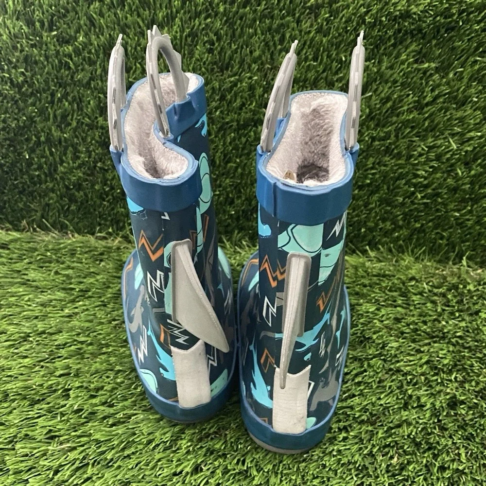 Members Mark Easy Pull-On Shark Rain Boots Wellies Kids 7/8 Blue Faux fur Lined